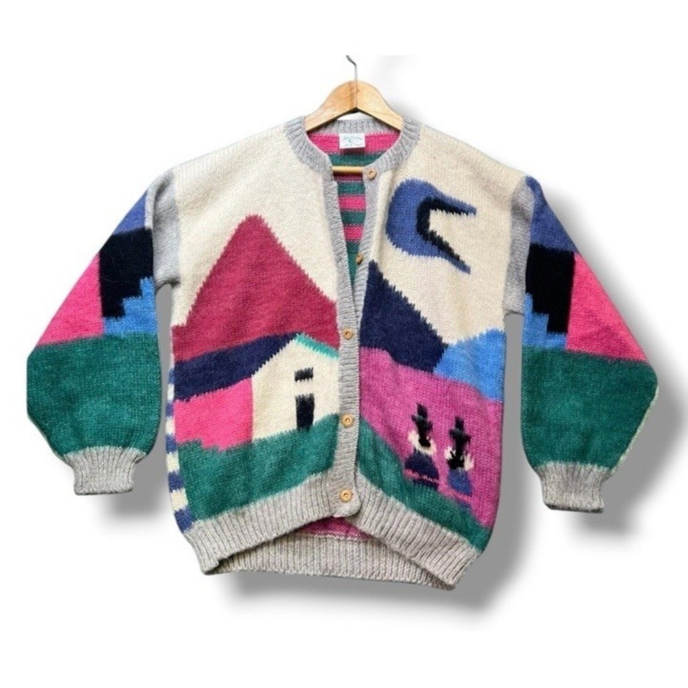 Vintage Alpaca Wool Cardigan Peru Handmade Scenic Knit Sweater Women M